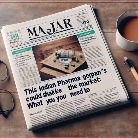 Generate a realistic HD photo of a major newspaper headline, reading 'This Indian Pharma Giant's IPO Could Shake the Market: What You Need to Know', placed on a wooden table with a cup of tea and a pair of reading glasses next to it. The newspaper should have a generic photo related to stock markets.