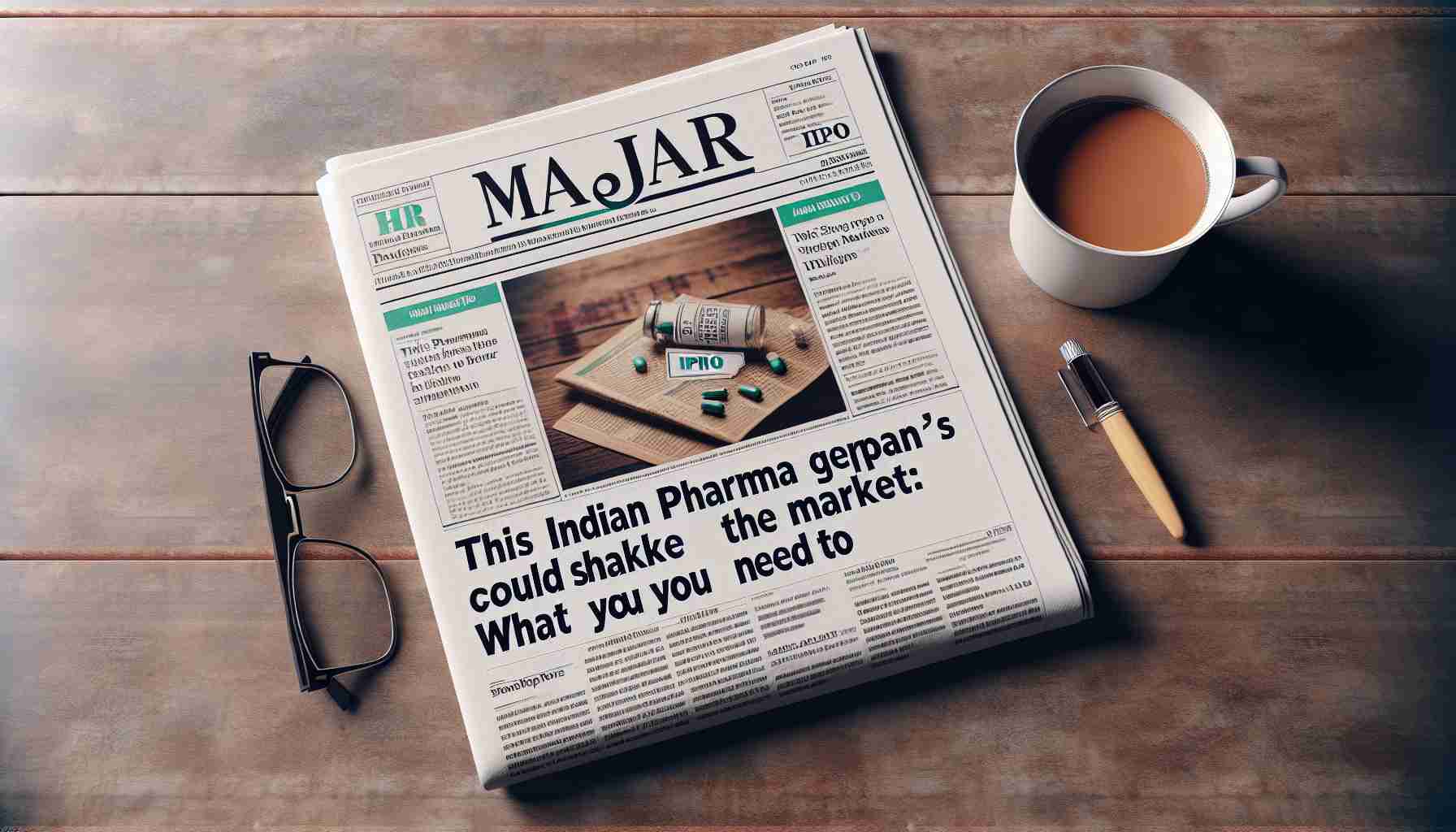 Generate a realistic HD photo of a major newspaper headline, reading 'This Indian Pharma Giant's IPO Could Shake the Market: What You Need to Know', placed on a wooden table with a cup of tea and a pair of reading glasses next to it. The newspaper should have a generic photo related to stock markets.