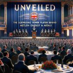 A high definition, photorealistic image of a fictional event titled 'Unveiled: The Surprising Power Players Behind Metlen Energy & Metals'. It depicts a vivid representation of a grand venue with a large stage up front, showing the logo of 'Metlen Energy & Metals'. In the center, there should be a stately male British speaker on stage, dressed in a dapper suit, unfolding the masters behind the organization. The crowd listening attentively is a mix of male and female individuals with diverse ethnic backgrounds: Black, Middle-Eastern, South Asian, Caucasian, and Hispanic.