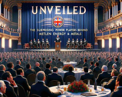 A high definition, photorealistic image of a fictional event titled 'Unveiled: The Surprising Power Players Behind Metlen Energy & Metals'. It depicts a vivid representation of a grand venue with a large stage up front, showing the logo of 'Metlen Energy & Metals'. In the center, there should be a stately male British speaker on stage, dressed in a dapper suit, unfolding the masters behind the organization. The crowd listening attentively is a mix of male and female individuals with diverse ethnic backgrounds: Black, Middle-Eastern, South Asian, Caucasian, and Hispanic.