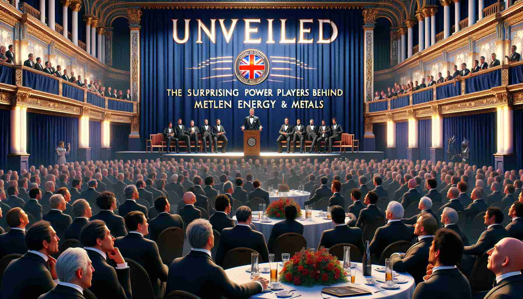 A high definition, photorealistic image of a fictional event titled 'Unveiled: The Surprising Power Players Behind Metlen Energy & Metals'. It depicts a vivid representation of a grand venue with a large stage up front, showing the logo of 'Metlen Energy & Metals'. In the center, there should be a stately male British speaker on stage, dressed in a dapper suit, unfolding the masters behind the organization. The crowd listening attentively is a mix of male and female individuals with diverse ethnic backgrounds: Black, Middle-Eastern, South Asian, Caucasian, and Hispanic.