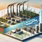 Image depicting the metaphorical concept of a surprising shift in a hypothetical energy manufacturing company. This includes elements like a large factory with humming power generators, an adjacent wind farm showing a transition to renewable energy, and a bar graph with an arrow indicating financial growth. The factory is contrasted with a clean, natural backdrop of a blue sky and the windmills thus suggesting an unexpected change. The aesthetic is realistic and the image has an HD detail.