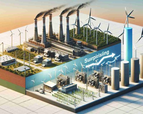 Image depicting the metaphorical concept of a surprising shift in a hypothetical energy manufacturing company. This includes elements like a large factory with humming power generators, an adjacent wind farm showing a transition to renewable energy, and a bar graph with an arrow indicating financial growth. The factory is contrasted with a clean, natural backdrop of a blue sky and the windmills thus suggesting an unexpected change. The aesthetic is realistic and the image has an HD detail.