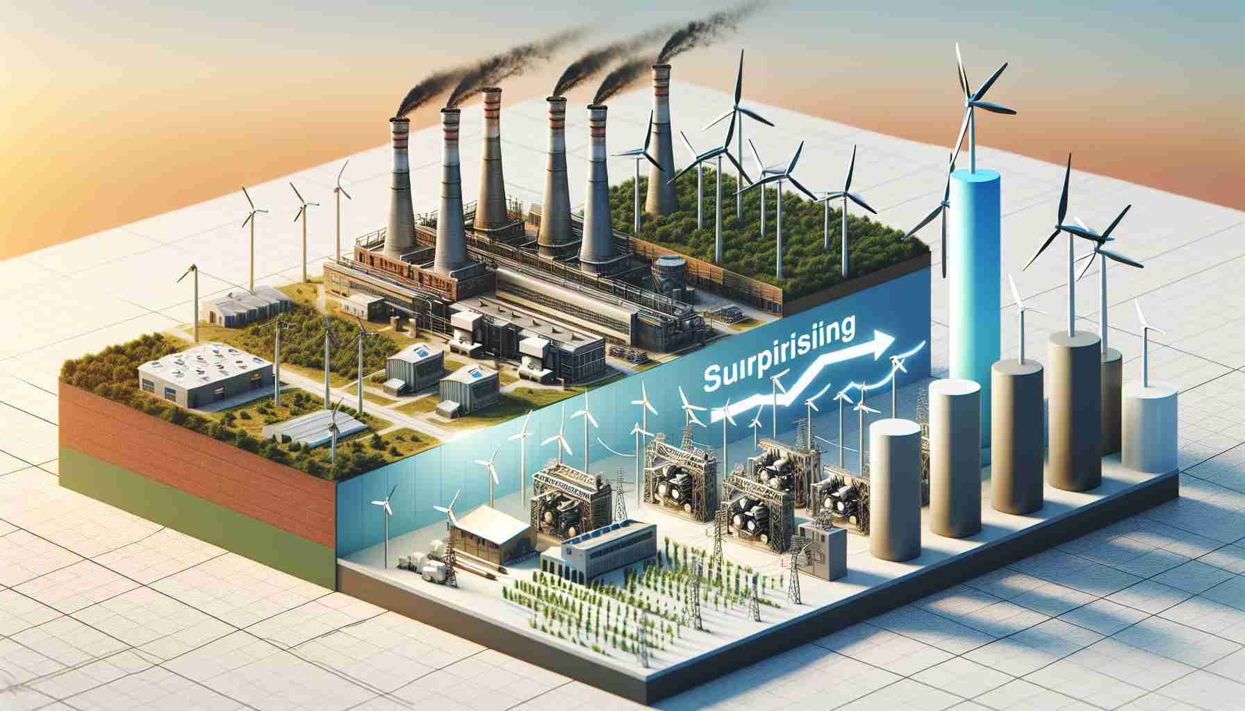 Image depicting the metaphorical concept of a surprising shift in a hypothetical energy manufacturing company. This includes elements like a large factory with humming power generators, an adjacent wind farm showing a transition to renewable energy, and a bar graph with an arrow indicating financial growth. The factory is contrasted with a clean, natural backdrop of a blue sky and the windmills thus suggesting an unexpected change. The aesthetic is realistic and the image has an HD detail.