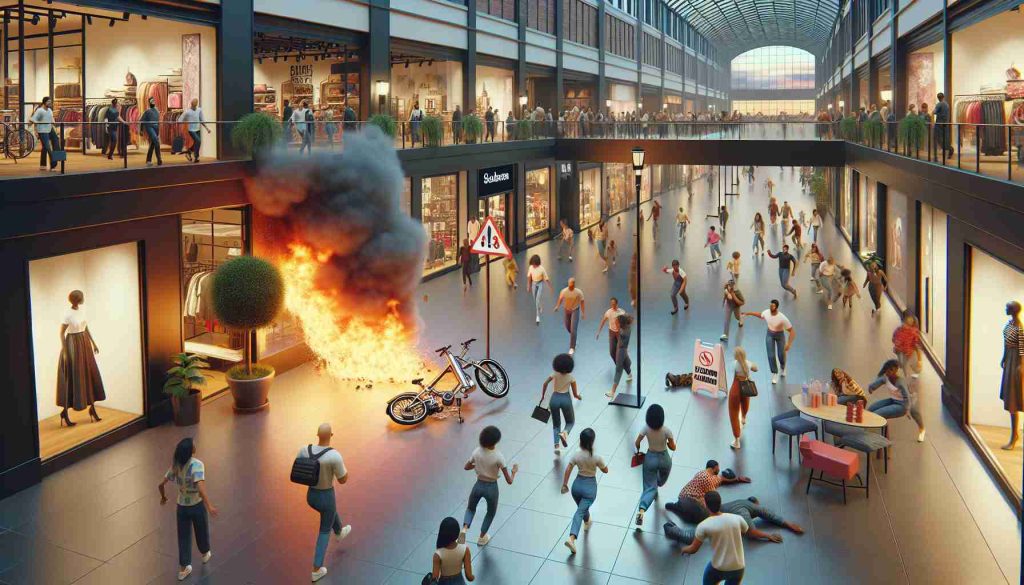 Generate a highly detailed and realistic image of an electric bicycle catching fire in a shopping center. Visualize store fronts with vibrant display windows filled with clothing, accessories, and other retail products. The shopping center is bustling with alarmed customers, both men and women of various descents including Caucasian, Hispanic, Black, and South Asian, hastily evacuating the vicinity. The scene captures the urgent evacuation prompted by the unusual situation. Safety signs and evacuation signs are prominently displayed, and the fire is contained and not causing harm to people or significant property damage.