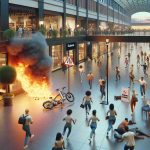 Generate a highly detailed and realistic image of an electric bicycle catching fire in a shopping center. Visualize store fronts with vibrant display windows filled with clothing, accessories, and other retail products. The shopping center is bustling with alarmed customers, both men and women of various descents including Caucasian, Hispanic, Black, and South Asian, hastily evacuating the vicinity. The scene captures the urgent evacuation prompted by the unusual situation. Safety signs and evacuation signs are prominently displayed, and the fire is contained and not causing harm to people or significant property damage.