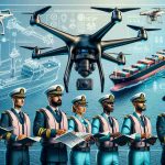 Create a detailed, realistic HD photo depicting a detailed guideline for operating drones by maritime crews. The image should show a well-illustrated guide featuring a drone, a cargo ship, and uniformed maritime members from varying descents such as Hispanic, Black and Middle-Eastern looking at instructions. Encompass the diversity of gender by showing both female and male crew members. Use the contrast of ocean blues, the metallic body of the cargo ship, the bright coloured uniforms of the crew members and the technical details of the drone for a vibrant result.