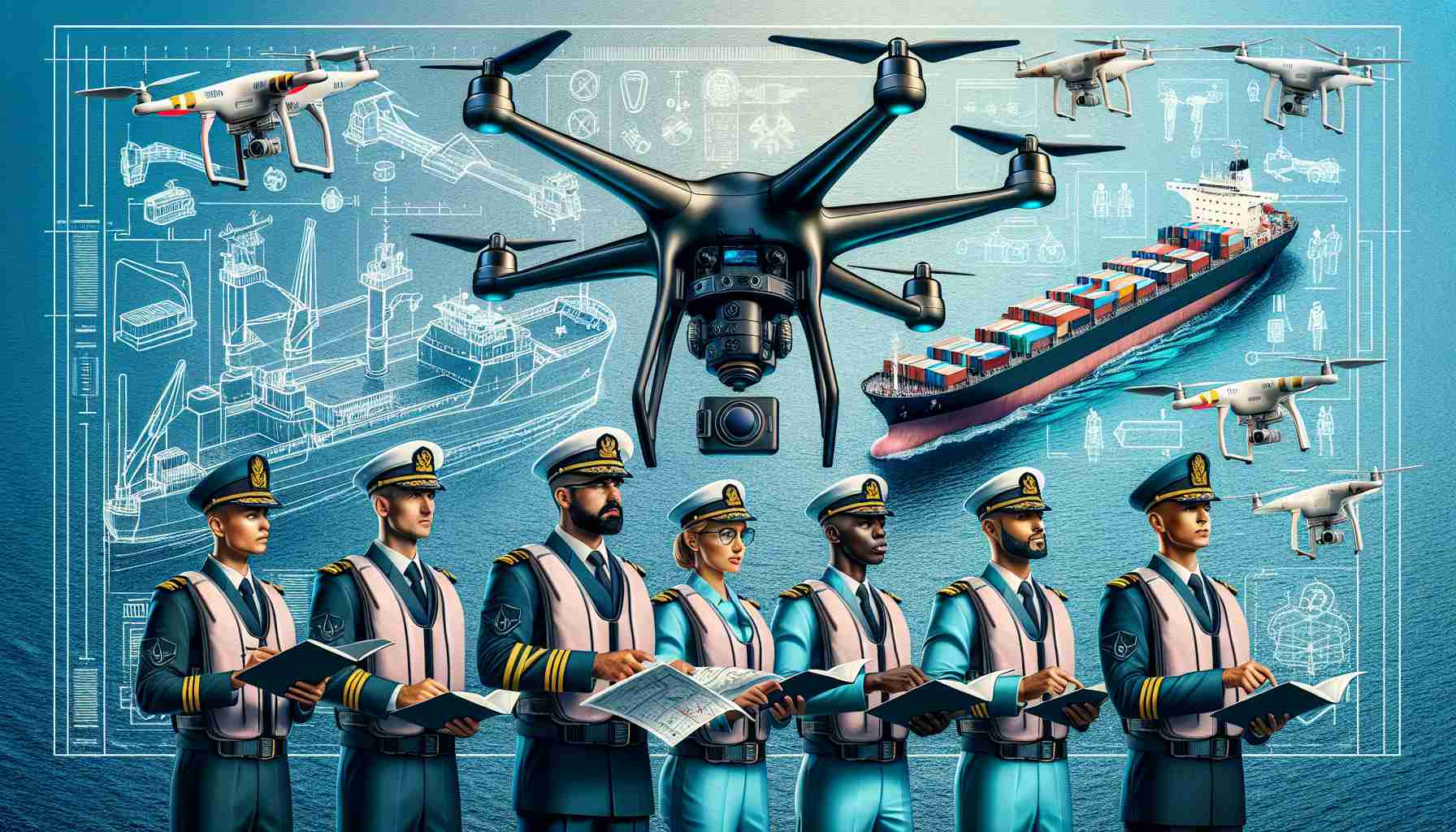 Create a detailed, realistic HD photo depicting a detailed guideline for operating drones by maritime crews. The image should show a well-illustrated guide featuring a drone, a cargo ship, and uniformed maritime members from varying descents such as Hispanic, Black and Middle-Eastern looking at instructions. Encompass the diversity of gender by showing both female and male crew members. Use the contrast of ocean blues, the metallic body of the cargo ship, the bright coloured uniforms of the crew members and the technical details of the drone for a vibrant result.