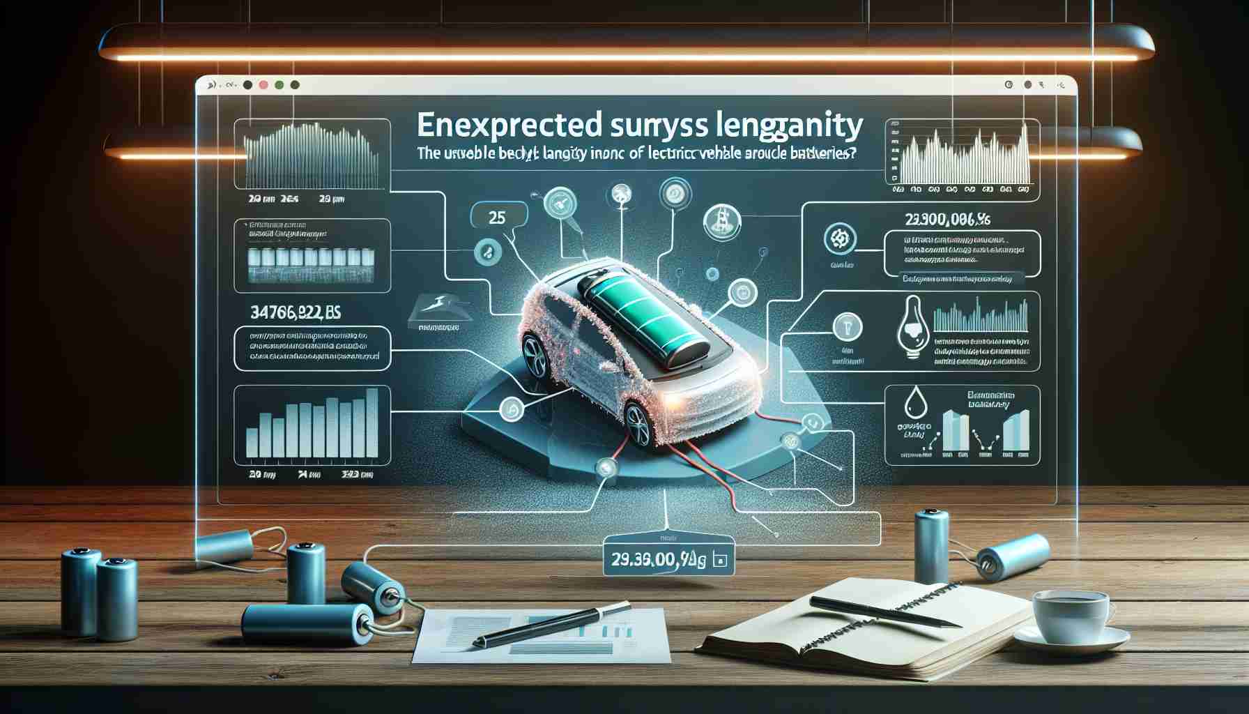 Create a realistic HD image showing a web infographic that displays information about the lifespan of electric vehicle batteries, complete with charts and statistics that might surprise the viewer. Include things like a digital car battery represented to depict an electronic vehicle's power source and embedded text emphasizing the unexpected longevity of such batteries.