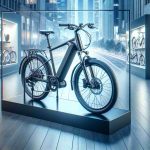 Generate a high-definition, realistic image of an urban electric bicycle by an unnamed popular manufacturer. The bike is prominently exhibited as an available product for purchase in a famous, digital technology and electronics store.