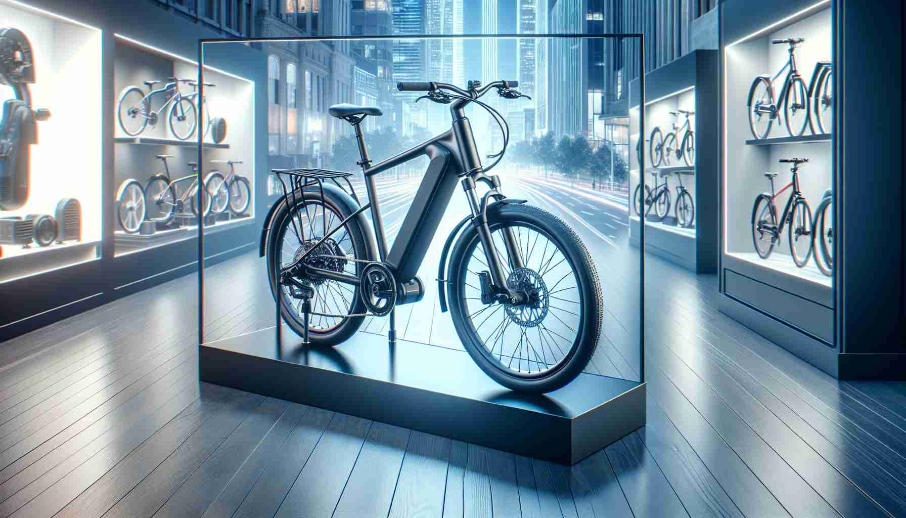 Generate a high-definition, realistic image of an urban electric bicycle by an unnamed popular manufacturer. The bike is prominently exhibited as an available product for purchase in a famous, digital technology and electronics store.