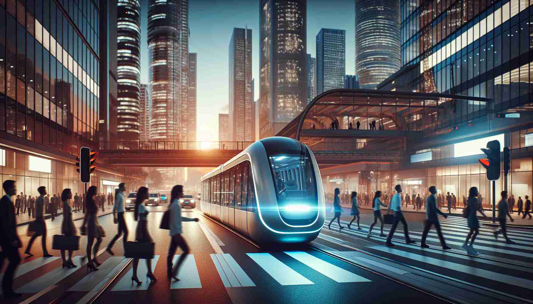 Generate an image of an ultra-modern, urban commuter solution in high definition. This new companion for urban commuters should exemplify cutting-edge technology. It could be a device, vehicle or even a software. The scene should portray a busy cityscape, illuminated by the glow of sunset. Pedestrians of diverse descents and genders are crossing streets or waiting at transit points. Background skyscrapers with lights starting to come on, traffic lights and a clear sky smeared with hues of setting sun, all add to the urban ambiance.