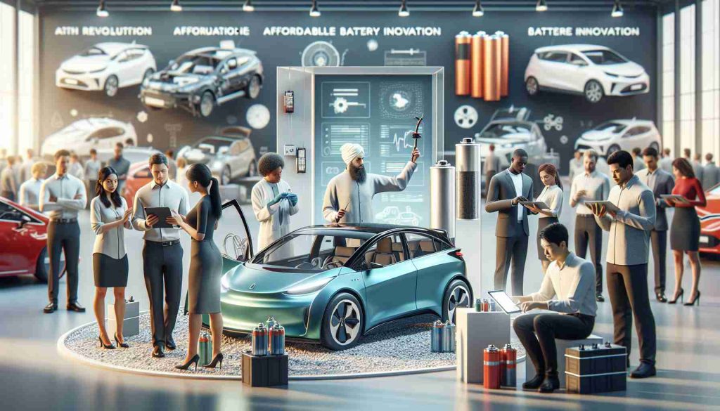 A realistic, high-definition image representing the revolution of electric vehicles, with a focus on affordable battery innovation. The scene should include a selection of modern electric cars, with a diverse representation of people involved in different roles, such as a Caucasian engineer maintaining the battery, a Middle-Eastern woman checking the performance of an electric car on a digital tablet, and a Black man having a conversation with a South Asian woman about the affordability and sustainability of electric vehicles. The background may feature a showcase of batteries and the advancement of technology in a modern, well-lit, open-concept space.