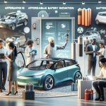 A realistic, high-definition image representing the revolution of electric vehicles, with a focus on affordable battery innovation. The scene should include a selection of modern electric cars, with a diverse representation of people involved in different roles, such as a Caucasian engineer maintaining the battery, a Middle-Eastern woman checking the performance of an electric car on a digital tablet, and a Black man having a conversation with a South Asian woman about the affordability and sustainability of electric vehicles. The background may feature a showcase of batteries and the advancement of technology in a modern, well-lit, open-concept space.