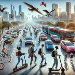 High-definition realistic image of contemporary transportation trends revolutionizing urban commuting. Depict a cityscape during peak traffic hours. Highlight scenes of diverse people using a variety of transport modes, such as an Asian man on an electric skateboard, a Black woman riding a bike, a Caucasian man using a Segway, and a Hispanic woman navigating with an e-scooter. Showcase a mix of traditional vehicles like cars and buses, alongside the latest trends like shared bikes and scooters. Incorporate elements displaying the integration of technology, like mobile apps for ride-hailing and digital maps for navigation.