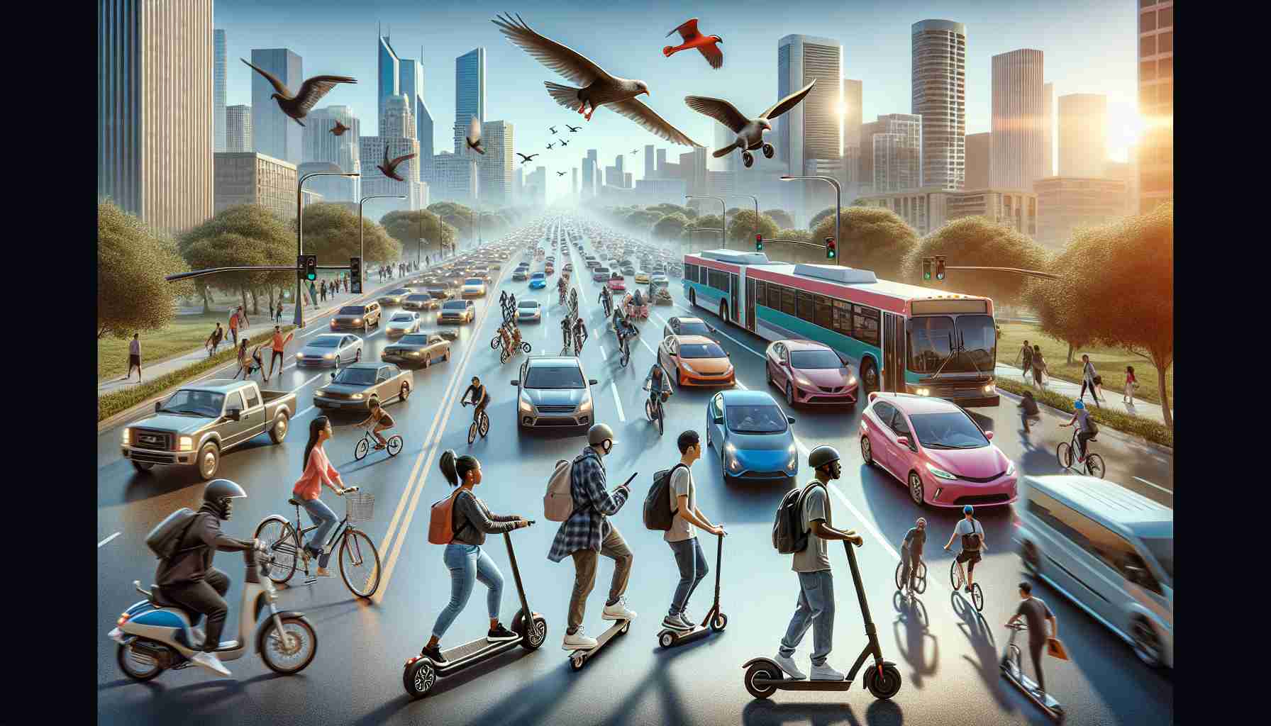 High-definition realistic image of contemporary transportation trends revolutionizing urban commuting. Depict a cityscape during peak traffic hours. Highlight scenes of diverse people using a variety of transport modes, such as an Asian man on an electric skateboard, a Black woman riding a bike, a Caucasian man using a Segway, and a Hispanic woman navigating with an e-scooter. Showcase a mix of traditional vehicles like cars and buses, alongside the latest trends like shared bikes and scooters. Incorporate elements displaying the integration of technology, like mobile apps for ride-hailing and digital maps for navigation.