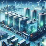 High-definition realistic portrayal of the progressive advancements in energy storage technologies that are actively shaping the future of sustainable power generation. As part of its composition, the illustration should feature cutting-edge batteries with complex inner structures, possibly wind turbines & solar panels, hinting to renewable energy sources. Also, the image should broadly include representations of the energy flow – from its generation to storage and controlled dispensation, all within a backdrop of a futuristic cityscape.