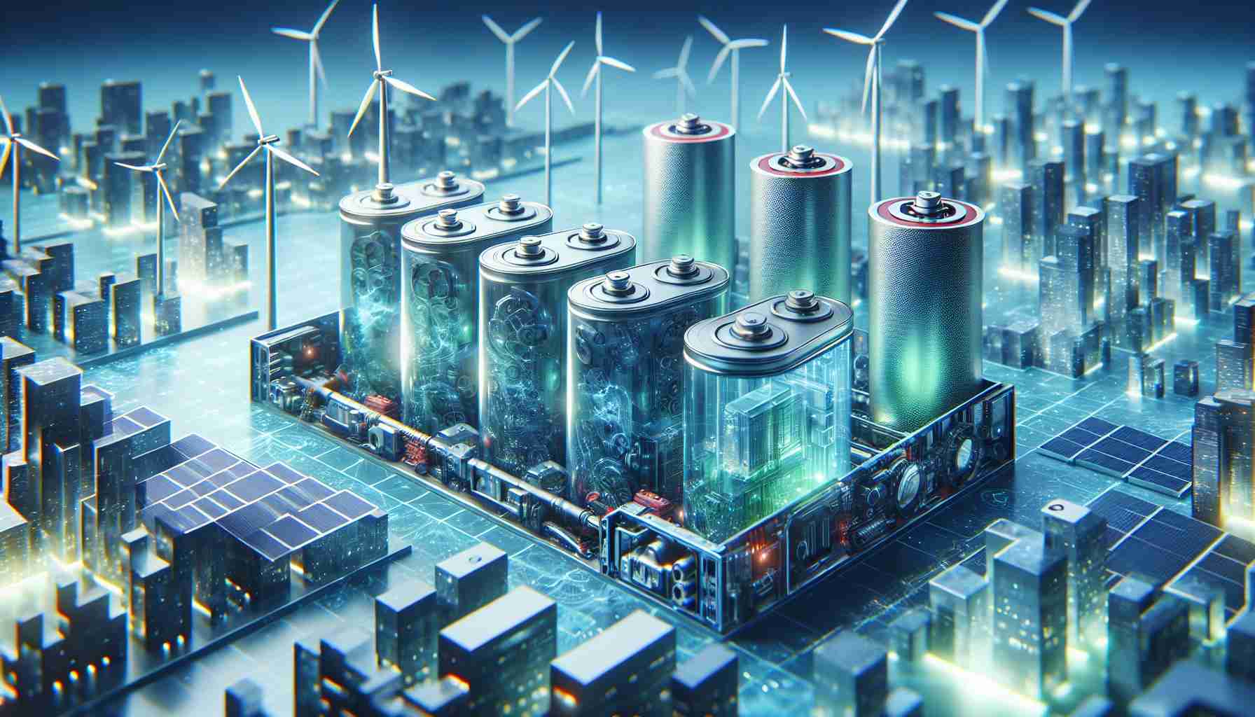 High-definition realistic portrayal of the progressive advancements in energy storage technologies that are actively shaping the future of sustainable power generation. As part of its composition, the illustration should feature cutting-edge batteries with complex inner structures, possibly wind turbines & solar panels, hinting to renewable energy sources. Also, the image should broadly include representations of the energy flow – from its generation to storage and controlled dispensation, all within a backdrop of a futuristic cityscape.