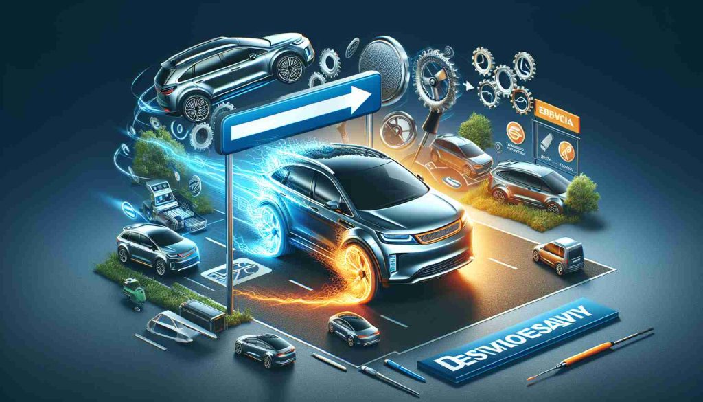 Create a realistic high-definition image depicting a well-known automobile manufacturer changing their focus from a specific proprietary brand for their electric vehicle technology. Include elements such as logo alterations, electric cars with the old branding, and promotional materials reflecting the change.