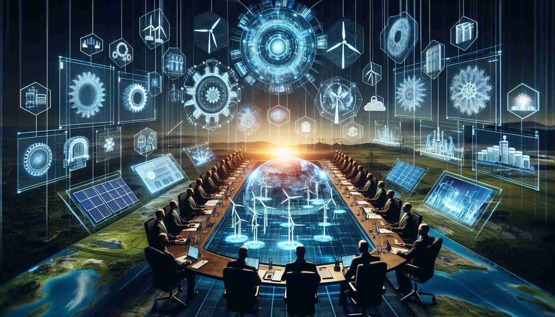 Create a high-definition realistic visual representation of the groundbreaking deal in the energy storage sector made by major companies. Symbolize this event with an image that includes a massive table, important documents and a futuristic holographic display showcasing various kinds of sustainable energy (e.g. solar panels, windmills, hydroelectric dams, and battery cells). Emphasize the atmosphere of the meeting as innovative and revolutionary.