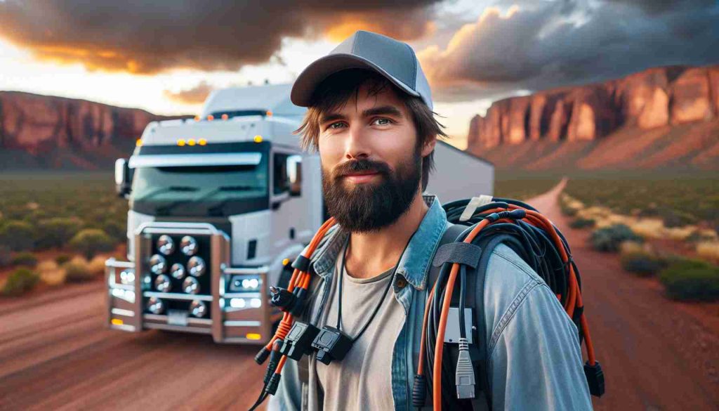 Realistic HD photo of a Caucasian male truck driver completing a historic electric truck journey across the diverse landscapes of Australia