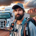 Realistic HD photo of a Caucasian male truck driver completing a historic electric truck journey across the diverse landscapes of Australia