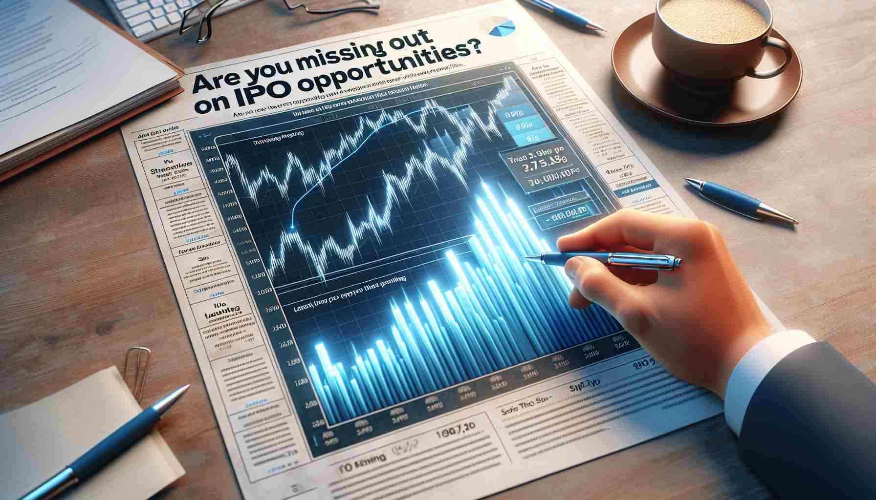 Realistic high-definition image of a chart indicating lucrative IPO opportunities. The chart is laid out on a table with a glass of coffee to the side. A hand, with a pen, points towards the potential opportunities on the chart. A headline on the chart's top right corner reads, 'Are You Missing Out on IPO Opportunities? Here's How to Secure Your Share.'