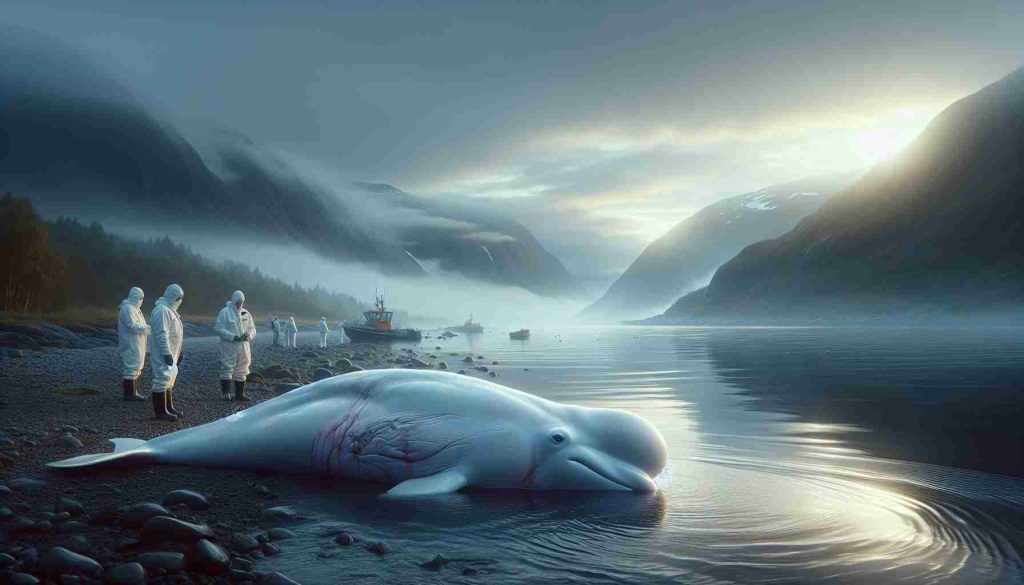 Highly detailed, realistic portrayal of a tragic scenario in Norway, where a Beluga whale has passed away due to bacterial infection. The setting is melancholic with the soft light of the low Nordic sun coloring the sky. The whale is of a white hue, typical of its species, seen stranded by the water's edge. Show indications of the bacterial infection subtly on its skin somewhere that's not too gory. Closeby, scientists in safety gears are visible, investigating the cause.