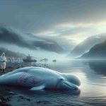 Highly detailed, realistic portrayal of a tragic scenario in Norway, where a Beluga whale has passed away due to bacterial infection. The setting is melancholic with the soft light of the low Nordic sun coloring the sky. The whale is of a white hue, typical of its species, seen stranded by the water's edge. Show indications of the bacterial infection subtly on its skin somewhere that's not too gory. Closeby, scientists in safety gears are visible, investigating the cause.