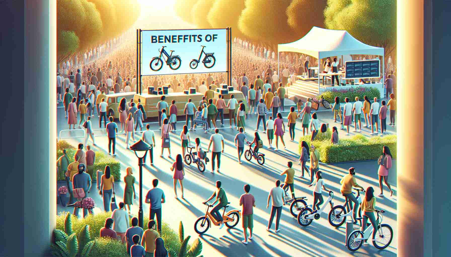 Create a high-definition, realistic image depicting a community engagement event focused on promoting the use of electric bikes. Show a variety of people from different descents such as Middle-Eastern, Caucasian, and South Asian, both male and female, participating in the event. Include banners with the benefits of electric bikes, stands showcasing various models, and a crowd gathered in a park or open space. The emphasis should be on the positive atmosphere, the busy crowd, and the highlighted electric bikes.