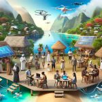 A high-definition, realistic image illustrating the exploration of modern technology in a secluded island village. The scene features a variety of individuals of differing descents such as Caucasian, Black, Hispanic, South Asian and Middle-Eastern, all equally represented. These individuals are interacting with technology like laptops, smartphones, drones, and solar panels within a village setting that juxtaposes traditional architecture with the new technology. The scenic background includes the turquoise blue ocean, verdant green foliage of tropical trees, and charming thatched huts with a backdrop of mountains. The image portrays a blend of old and new, traditional and modern.