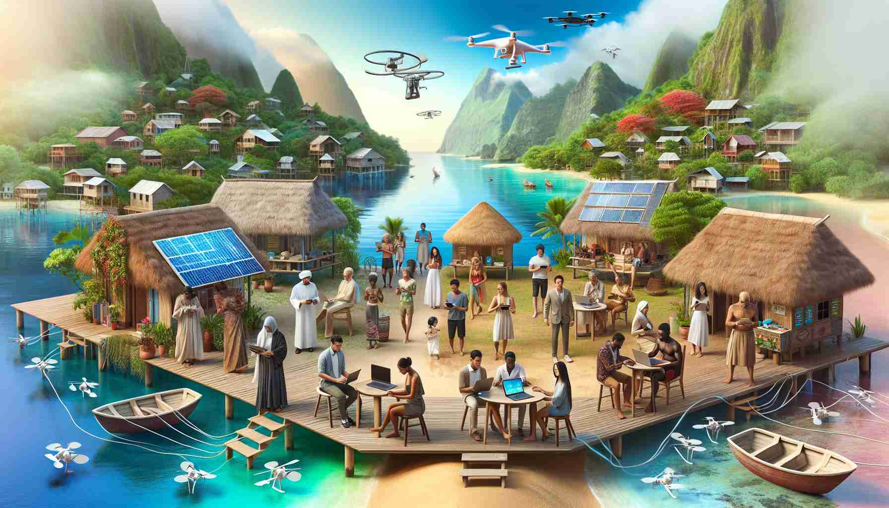 A high-definition, realistic image illustrating the exploration of modern technology in a secluded island village. The scene features a variety of individuals of differing descents such as Caucasian, Black, Hispanic, South Asian and Middle-Eastern, all equally represented. These individuals are interacting with technology like laptops, smartphones, drones, and solar panels within a village setting that juxtaposes traditional architecture with the new technology. The scenic background includes the turquoise blue ocean, verdant green foliage of tropical trees, and charming thatched huts with a backdrop of mountains. The image portrays a blend of old and new, traditional and modern.