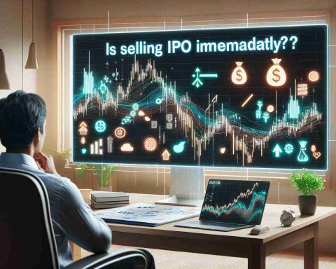 Visual depiction of the concept 'Is Selling IPO Shares Immediately a Good Move?', featuring a person looking at a computer screen displaying fluctuating stock charts. The person is sitting in a home office setting. Symbols or signs related to prosperity/benefit and loss/damage are situated on two sides of the stock chart, representing both possible outcomes. Please note, this should be a high-definition, realistically-rendered image.