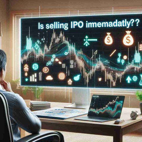 Visual depiction of the concept 'Is Selling IPO Shares Immediately a Good Move?', featuring a person looking at a computer screen displaying fluctuating stock charts. The person is sitting in a home office setting. Symbols or signs related to prosperity/benefit and loss/damage are situated on two sides of the stock chart, representing both possible outcomes. Please note, this should be a high-definition, realistically-rendered image.