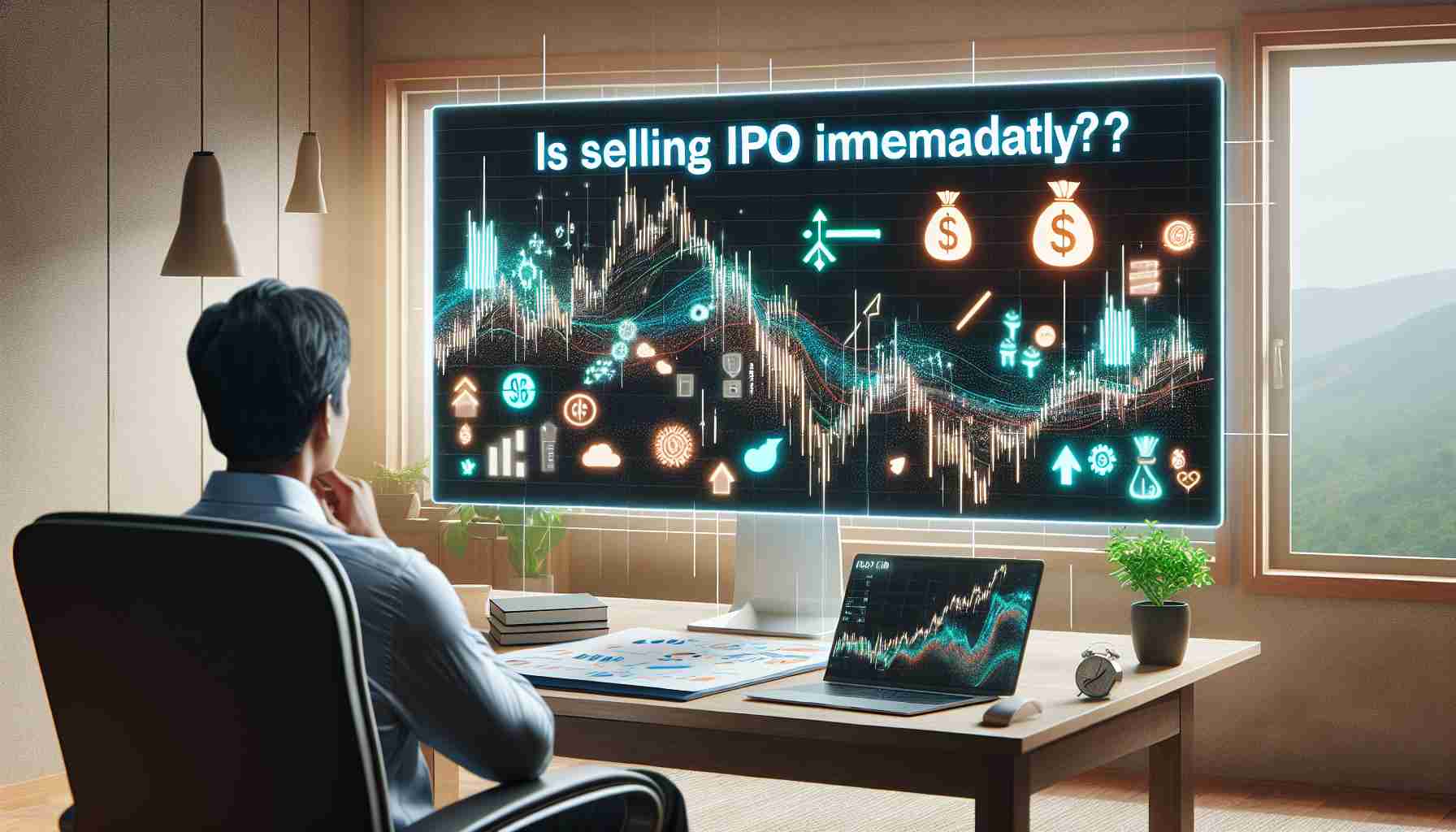 Visual depiction of the concept 'Is Selling IPO Shares Immediately a Good Move?', featuring a person looking at a computer screen displaying fluctuating stock charts. The person is sitting in a home office setting. Symbols or signs related to prosperity/benefit and loss/damage are situated on two sides of the stock chart, representing both possible outcomes. Please note, this should be a high-definition, realistically-rendered image.