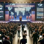 Render a realistic, high-definition image of a major corporate announcement. The scene should depict a large room with a stage. On the stage, a person of Hispanic descent, wearing a business suit, is unveiling a banner that reads 'Secret Investment Announcement'. The room should be filled with eager journalists of various descents and genders, armed with cameras and notepads. Nearby, a large screen displays charts hinting at the magnitude of the investment. The atmosphere suggests the announcement is a significant event for global business.