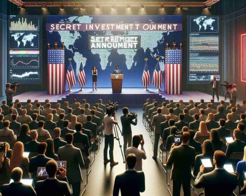 Render a realistic, high-definition image of a major corporate announcement. The scene should depict a large room with a stage. On the stage, a person of Hispanic descent, wearing a business suit, is unveiling a banner that reads 'Secret Investment Announcement'. The room should be filled with eager journalists of various descents and genders, armed with cameras and notepads. Nearby, a large screen displays charts hinting at the magnitude of the investment. The atmosphere suggests the announcement is a significant event for global business.