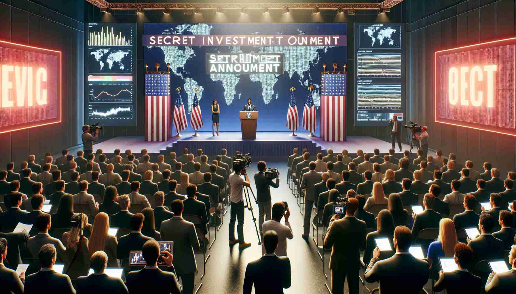 Render a realistic, high-definition image of a major corporate announcement. The scene should depict a large room with a stage. On the stage, a person of Hispanic descent, wearing a business suit, is unveiling a banner that reads 'Secret Investment Announcement'. The room should be filled with eager journalists of various descents and genders, armed with cameras and notepads. Nearby, a large screen displays charts hinting at the magnitude of the investment. The atmosphere suggests the announcement is a significant event for global business.