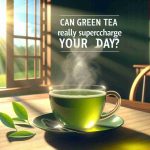 A realistic high-definition illustration of a steaming cup of green tea on a table with morning sunlight streaming in. The warm rays illuminate the tea, accentuating its vibrant green color. In the background, an open window reveals a serene outdoor scene, indicating the start of a new day. Superimposed atop this calming tableau is the question: 'Can Green Tea Really Supercharge Your Day?' in bold, elegant typography.