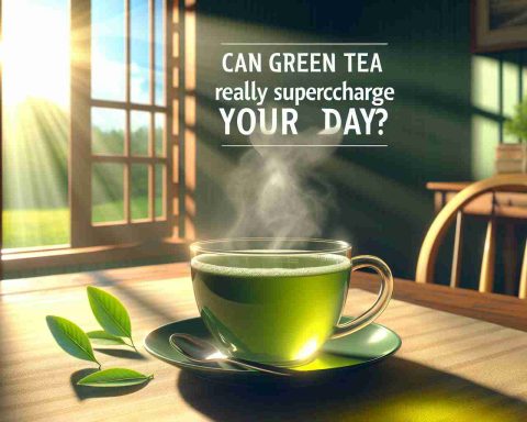 A realistic high-definition illustration of a steaming cup of green tea on a table with morning sunlight streaming in. The warm rays illuminate the tea, accentuating its vibrant green color. In the background, an open window reveals a serene outdoor scene, indicating the start of a new day. Superimposed atop this calming tableau is the question: 'Can Green Tea Really Supercharge Your Day?' in bold, elegant typography.