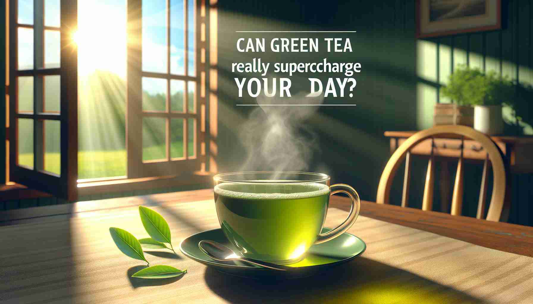 A realistic high-definition illustration of a steaming cup of green tea on a table with morning sunlight streaming in. The warm rays illuminate the tea, accentuating its vibrant green color. In the background, an open window reveals a serene outdoor scene, indicating the start of a new day. Superimposed atop this calming tableau is the question: 'Can Green Tea Really Supercharge Your Day?' in bold, elegant typography.