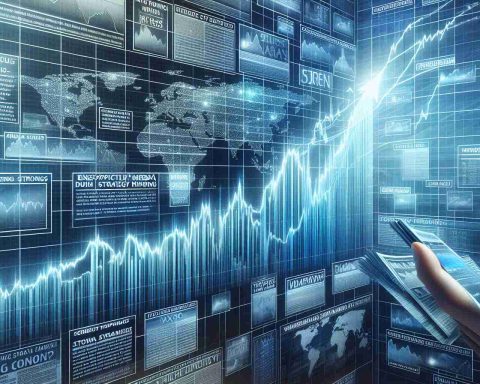 Detailed and realistic illustration of a huge surge in stock market graphs, possibly associated with an unexpected media strategy from a prominent politician. The image should contain a prominently featured rising graph, accompanied by various news headlines. These headlines should reflect the surprise and intrigue surrounding the media strategy of this politician. The focus of the image should remain on the dramatic upward trend of the graph and the large-scale effect it indicates.