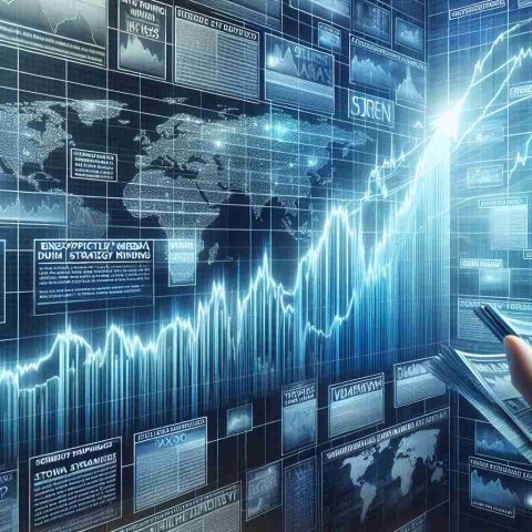 Detailed and realistic illustration of a huge surge in stock market graphs, possibly associated with an unexpected media strategy from a prominent politician. The image should contain a prominently featured rising graph, accompanied by various news headlines. These headlines should reflect the surprise and intrigue surrounding the media strategy of this politician. The focus of the image should remain on the dramatic upward trend of the graph and the large-scale effect it indicates.