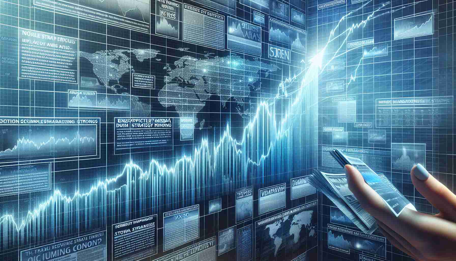 Detailed and realistic illustration of a huge surge in stock market graphs, possibly associated with an unexpected media strategy from a prominent politician. The image should contain a prominently featured rising graph, accompanied by various news headlines. These headlines should reflect the surprise and intrigue surrounding the media strategy of this politician. The focus of the image should remain on the dramatic upward trend of the graph and the large-scale effect it indicates.