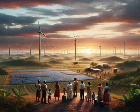 A realistic, high-definition depiction of a potential solution to a power crisis in Cuba: a neglected or overlooked aspect. The scene might entail renewable energy sources, such as solar panels and wind turbines, placed in a sprawling rural landscape. Perhaps a few local residents can be seen in the scene, both men and women of diverse racial backgrounds. All look hopeful and engaged, demonstrating their commitment to a sustainable future. Sky painted with hues of sunset implies a new beginning, the transitioning phase from the crisis towards a solution.