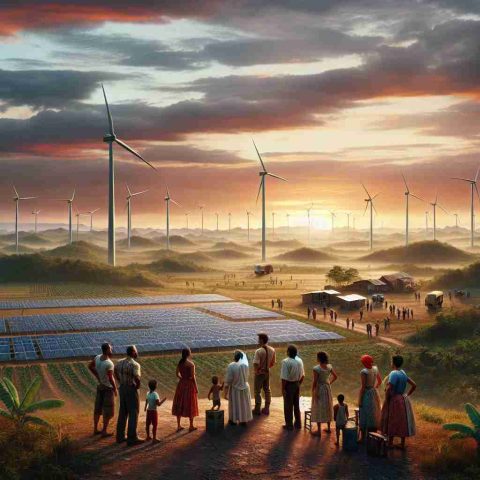 A realistic, high-definition depiction of a potential solution to a power crisis in Cuba: a neglected or overlooked aspect. The scene might entail renewable energy sources, such as solar panels and wind turbines, placed in a sprawling rural landscape. Perhaps a few local residents can be seen in the scene, both men and women of diverse racial backgrounds. All look hopeful and engaged, demonstrating their commitment to a sustainable future. Sky painted with hues of sunset implies a new beginning, the transitioning phase from the crisis towards a solution.