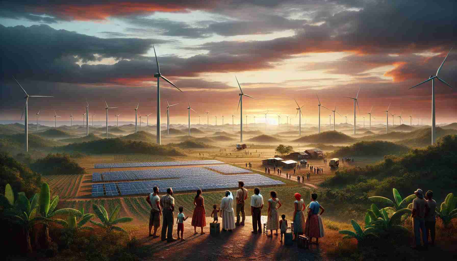 A realistic, high-definition depiction of a potential solution to a power crisis in Cuba: a neglected or overlooked aspect. The scene might entail renewable energy sources, such as solar panels and wind turbines, placed in a sprawling rural landscape. Perhaps a few local residents can be seen in the scene, both men and women of diverse racial backgrounds. All look hopeful and engaged, demonstrating their commitment to a sustainable future. Sky painted with hues of sunset implies a new beginning, the transitioning phase from the crisis towards a solution.