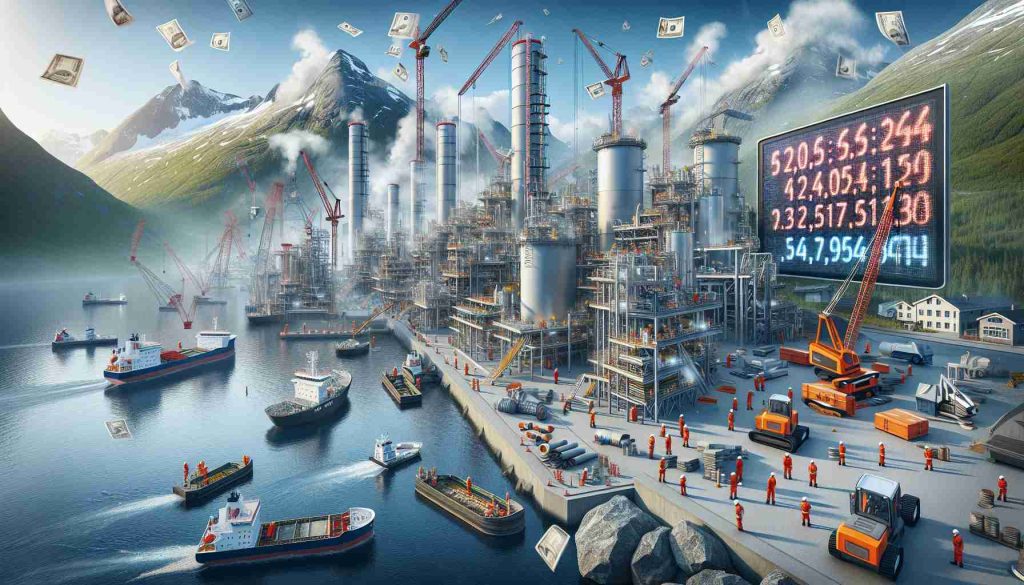 A realistic high definition image of energy projects in Norway that are visibly undergoing significant monetary cost increases. It should portray elements of industrial construction and expansion to symbolize the growing expenses. Show cranes, workers in safety gear, large equipments and perhaps a ticker board displaying escalating financial figures. Set this scene against the unique Norwegian landscape with fjords and mountains in the background.