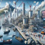 A realistic high definition image of energy projects in Norway that are visibly undergoing significant monetary cost increases. It should portray elements of industrial construction and expansion to symbolize the growing expenses. Show cranes, workers in safety gear, large equipments and perhaps a ticker board displaying escalating financial figures. Set this scene against the unique Norwegian landscape with fjords and mountains in the background.