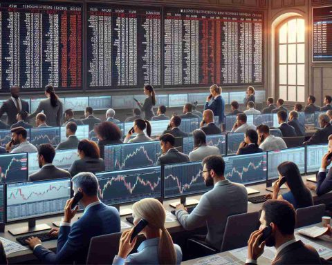 Please create a realistic, HD image showcasing the activity inside a stock exchange. Depict a room filled with traders busily watching screens that are displaying financial data charts. Show a multicultural, gender-diverse group of traders— a mix of Caucasian, Black, Hispanic, Middle-Eastern, South Asian, and White individuals, both male and female— intensely focussed on the stock market movements. Bulletin boards displaying encoded numbers can be seen in the background. A few traders are having heated discussions, while others are speaking into telephones or typing on their computers.